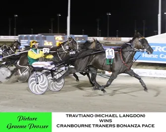 Travtiano (Michael Langdon) wins the Cranbourne Trainers Bonanza Pace. Picture: Graeme Prosser